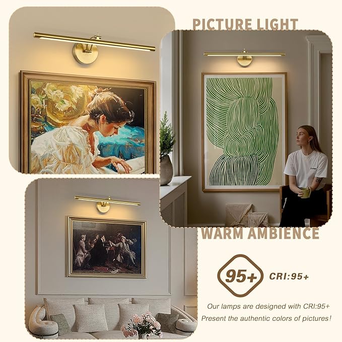 Picture Light Dimmable Hard Wired 23.62 Inch Adjustable Swing Arm Brass Wall Lights for Pictures Led Display Light for Artwork 14W Warm White