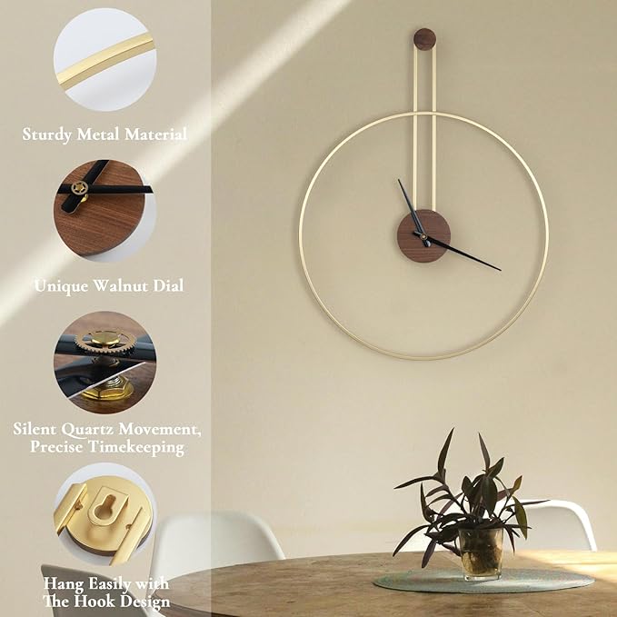 Modern Wall Clock, Large 21.7''×28.7'', Walnut Dial, Silent Non-Ticking Metal Clock for Home Decor, Gold