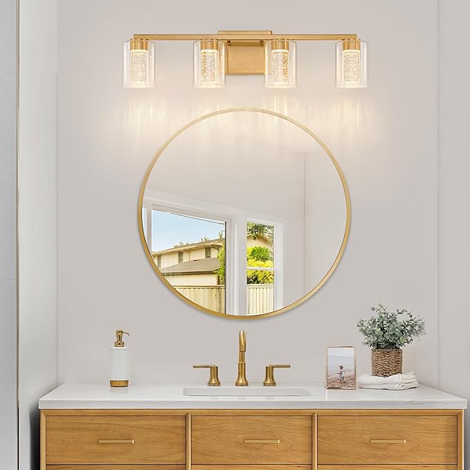 SineRise 4-Light Gold Vanity Light with 3 Color Modes (3000K/4000K/6000K), Eye Protection LED Bathroom Light Fixture, Dimmable Modern Wall Light Over Mirror with Clear Glass Shade