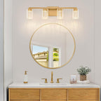 SineRise 4-Light Gold Vanity Light with 3 Color Modes (3000K/4000K/6000K), Eye Protection LED Bathroom Light Fixture, Dimmable Modern Wall Light Over Mirror with Clear Glass Shade