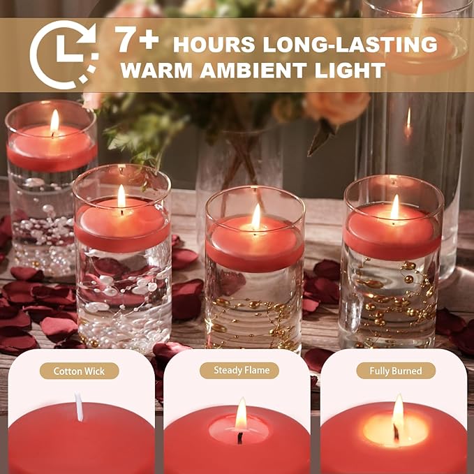 12 Pack Red Floating Candles 3 inch, Unscented Traditional 3" Floating Candles for Centerpieces,7 Hours Burning, Red Water Candles for Cylinder Vases, Wedding, Party, Pool
