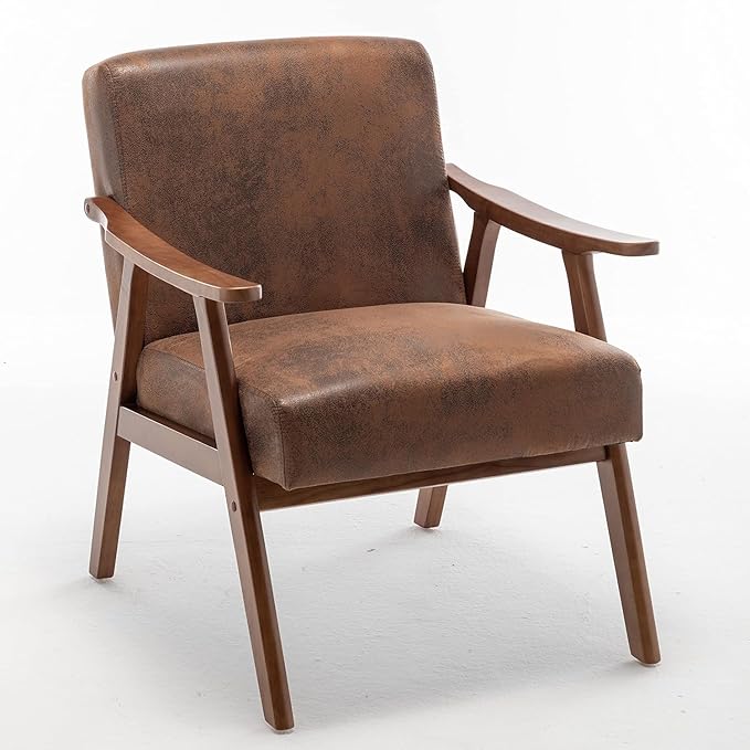 Accent Chair with Microfiber Upholstery and Solid Wood Frame, Classic Mid-Century Modern Living Room Furniture for Extra Seating, Brown
