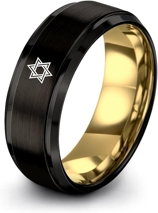 Mezuzah star Of David Ring - Gift for Jewish Family - Flat Dome Bevel - 8mm - Men Women - Yellow Gold Black Silver Blue - Anniversary Wedding - Personalized Custom Engraving - Band - Brushed Polished