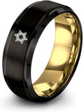 Mezuzah star Of David Ring - Gift for Jewish Family - Flat Dome Bevel - 8mm - Men Women - Yellow Gold Black Silver Blue - Anniversary Wedding - Personalized Custom Engraving - Band - Brushed Polished