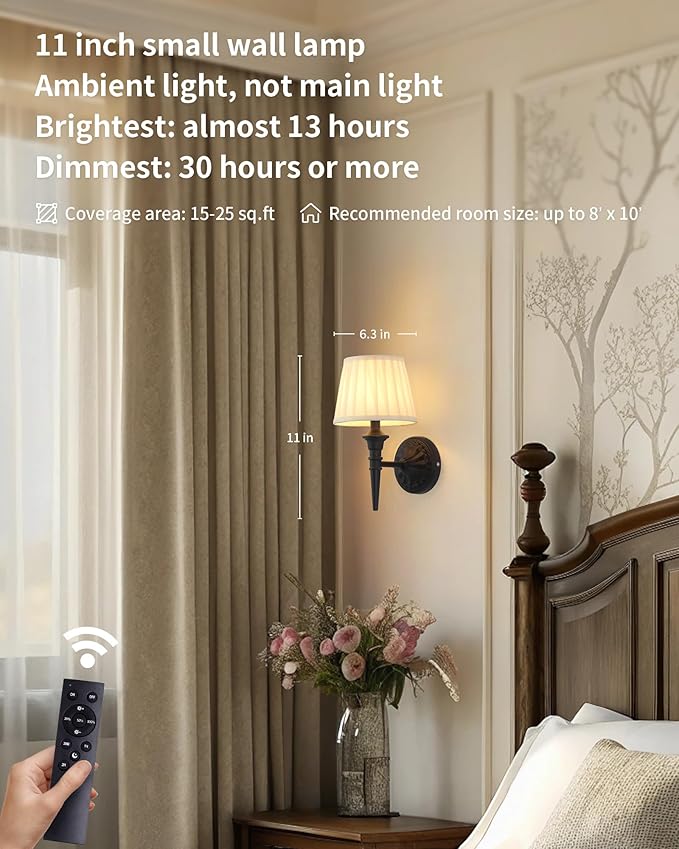 KDG Cordless Wall Sconces Set of 2, Small Wireless 5200mAh Rechargeable Battery Fabric LED Wall Lamps, Portables Lightings for Wall Painting, Living Room, Bedroom, Hallway, Gifts, Night Light (Black)
