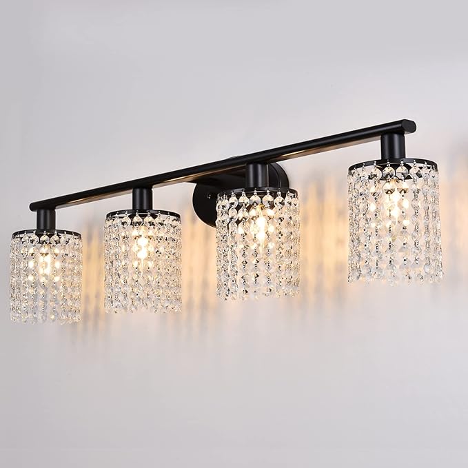 Black Vanity Light 4-Light Crystal Bathroom Light Fixtures,Modern Bahtroom Lights Over Mirror,Vanity Lights for Bathroom