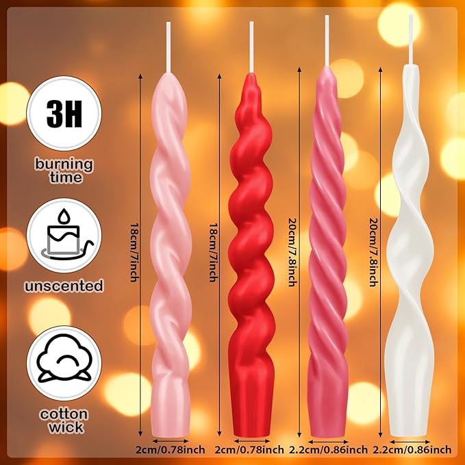 Nuanchu 4 Pcs 7.87 Inch Twisted Taper Candles Wax Unscented Smokeless Spiral Swirl Candlesticks for Wedding Holiday Dinner Party Home Decorations(Valentines Color)