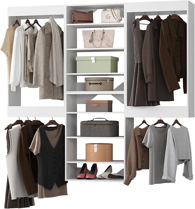 Modular Closet System, 66" Wide Closet Organizer System with Hanging and Towers, Wood Tower Closet Storage for Walk In Closets, Wall Mounted Wardrobe Organizer Kit System, Bedroom, White