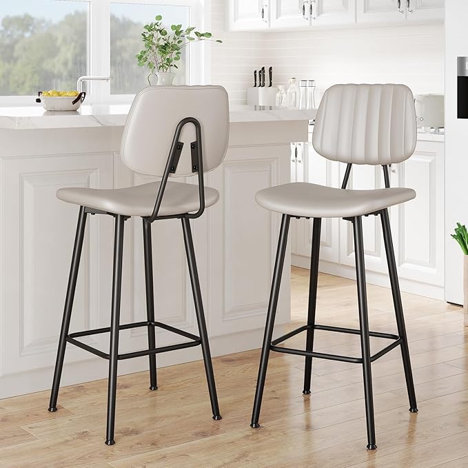 29-Inch Leather Bar Stools Set of 2, Counter Height Barstools with High Backrest，Bar Chairs for Kitchen Island with Heavy Duty Metal Legs, Beige