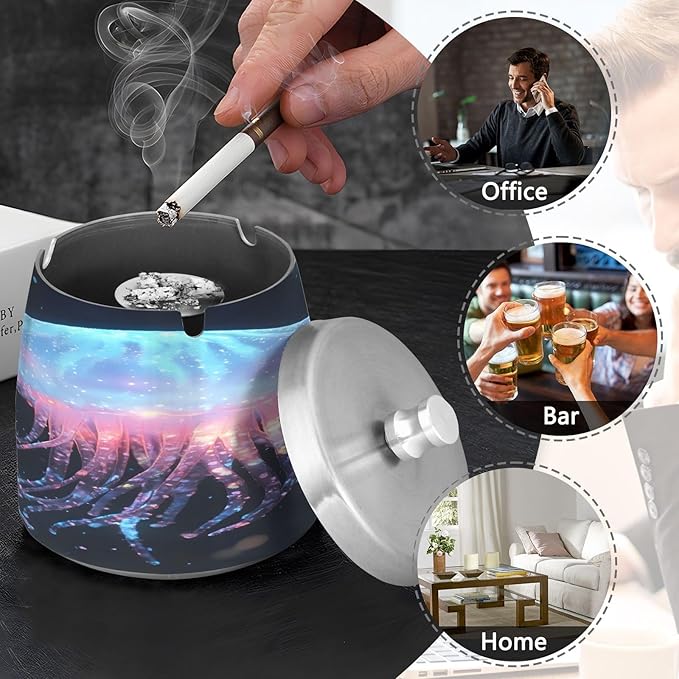 Jellyfish Ashtray with Lid, Outdoor Ashtrays for Patio, Stainless Steel Ashtray Odorless Smokeless for Home Office Balcony
