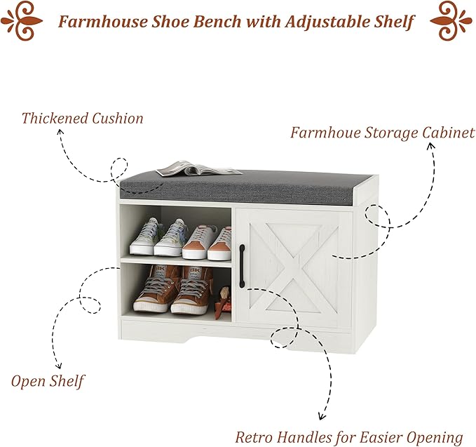 HOMEFORT 2-Tier Shoe Storage Bench with Padded Cushion Seat, Entryway Bench with Adjustable Shelf and Barn Door, 27.6" Farmhouse Shoe Rack Cabinet Bench, 300 lbs Capacity, for Bedroom, Antique White