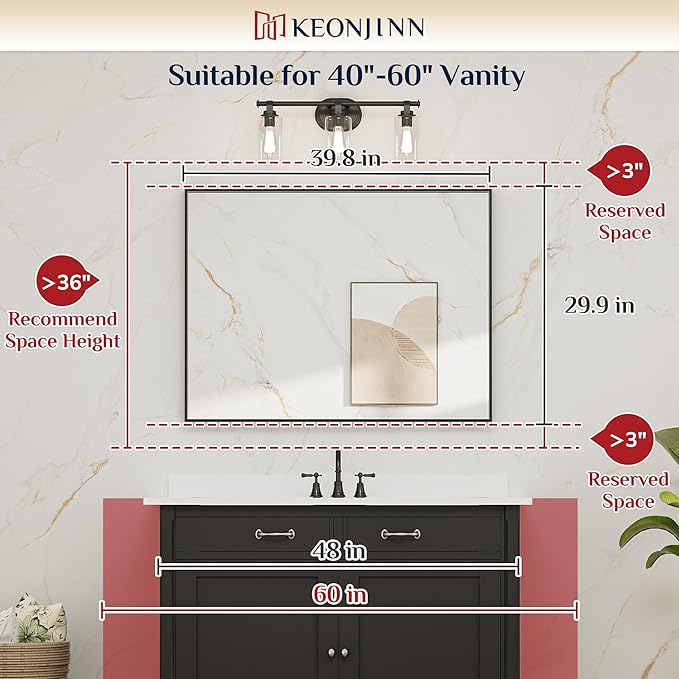Keonjinn Black Framed Mirror for Bathroom 40 x 30 Inch, Rectangular Wall Mirror for Over Sink, Metal Frame Farmhouse Black Vanity Mirrors, Large Decorative Rectangle Mirrors(Horizontal/Vertical)