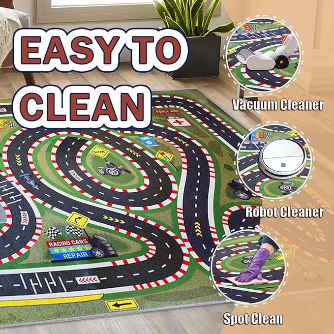 Kids Rug,Children's Room Rug,Road Race Play Rugs, Rail City Living Rugs, Washable Non-Slip Play Mats. (Green, 31x47in)