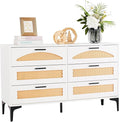 Mericonia 6 Drawer Double Dresser for Bedroom, Wood Rattan Dresser for Closet with Metal Legs, Boho TV Stand with Drawers, Dressers & Chests of Drawers for Bedroom, Hallway and Entryway, White