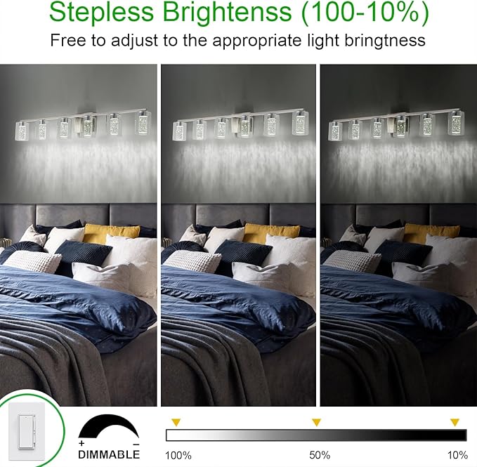 SineRise 6-Light Brushed Nickel Vanity Light with 3 Color Modes (3000K/4000K/6000K), Eye Protection LED Bathroom Light Fixture, Dimmable Modern Wall Light Over Mirror with Clear Glass Shade