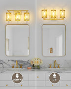 3-Light Brushed Gold Bathroom Light Fixtures, 21 Inch Modern Bathroom Vanity Lighting Fixtures Over Mirror with Clear Glass and Metal Cage Wall Sconce Lights for Bath, E26, OS-3014BG-3W