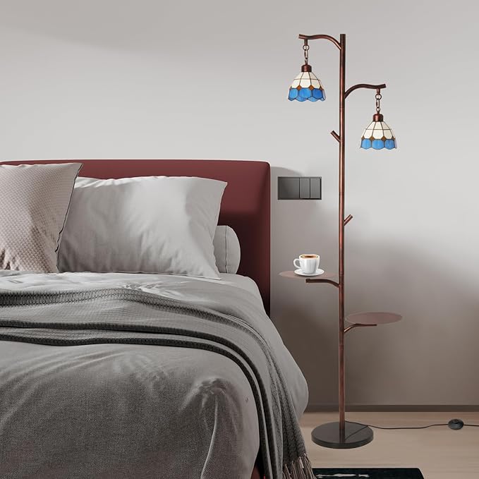 beaysyty Tiffany Style Stained Glass Retro Floor Lamp with Tray,Dimmable Floor Lamps, Custom Color Temperature Standing Lamp for Living Room and Bedroom, Painted Dark Red