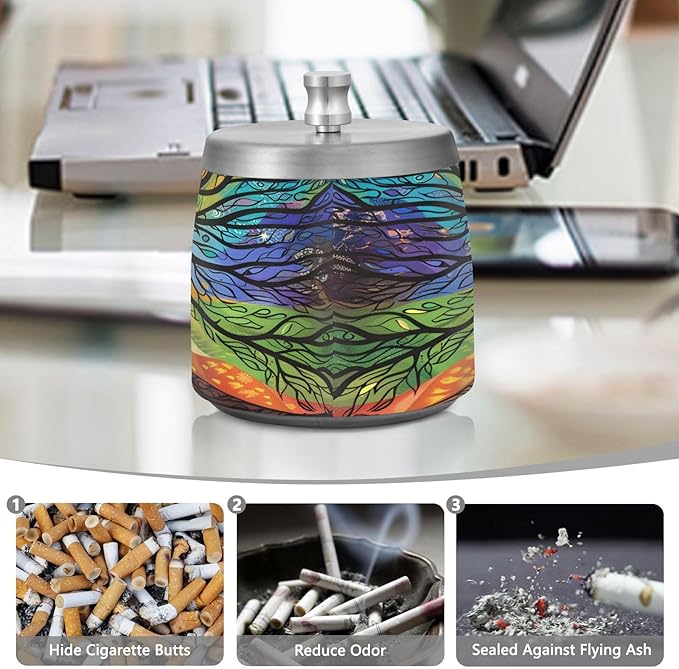 Mysterious Tree Colorful Ashtray with Lid, Outdoor Ashtrays for Patio, Stainless Steel Ashtray Odorless Smokeless for Home Office Balcony