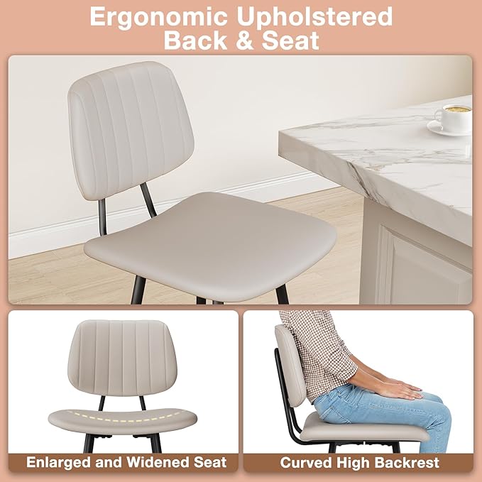 24-Inch Leather Bar Stools Set of 3, Counter Height Barstools with High Backrest，Bar Chairs for Kitchen Island with Heavy Duty Metal Base, Beige
