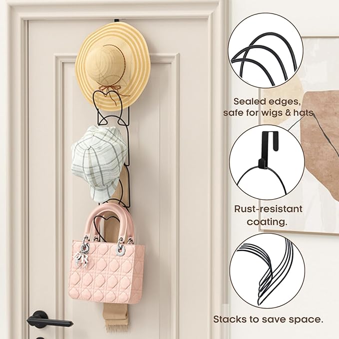 LINFIDITE 10 Pack Hat Rack for Wall hat Organizer for Baseball caps Over Door Cap hat Hook Storage Holder Hanger Display Closet Wig Stand Storage w Hanging Hook Black