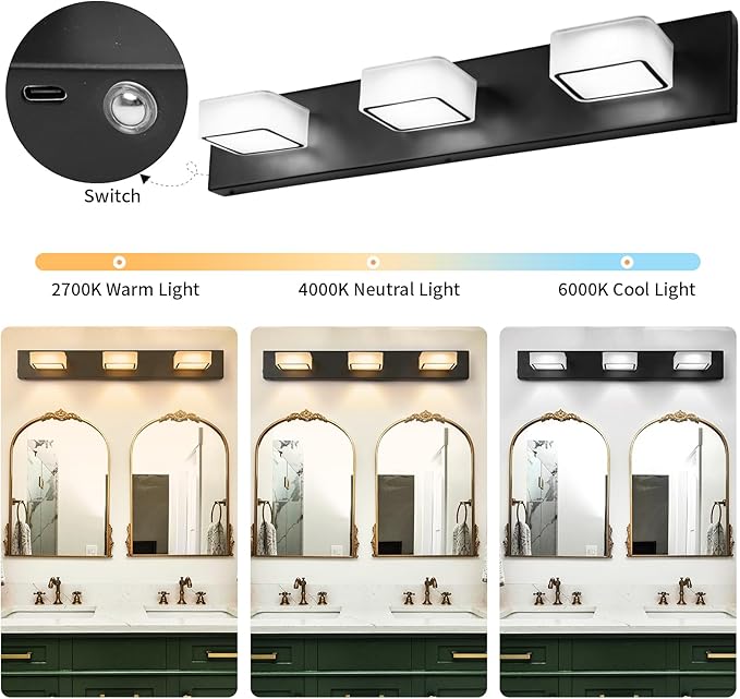Megastar Rechargeable Battery Operated Vanity Light, Remote Control, 3CCT, 60W Equivalent Acrylic Matte Black Bathroom Vanity Lights Over Mirror, 3 Lights,Non-Hardwired/Power Outage,21.6Inch