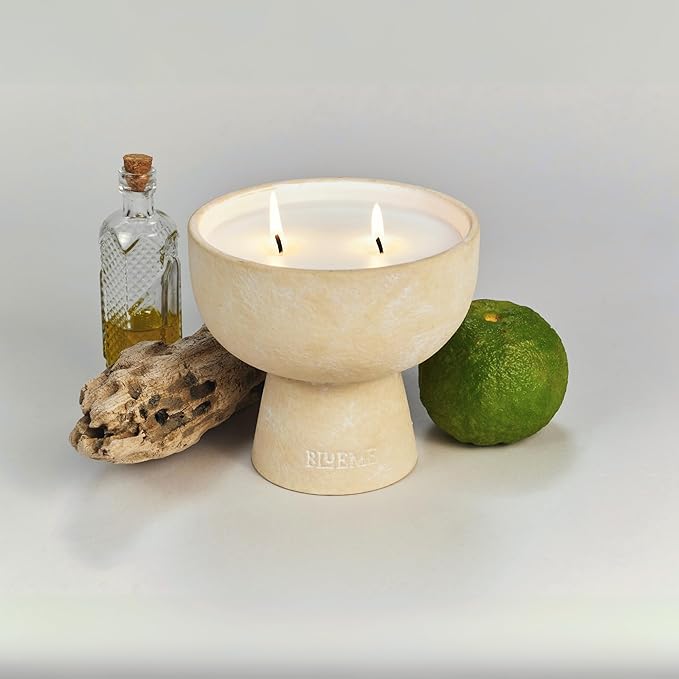 Blueme Nostalgia Candle | Bergamot & Musk | 2 Wick - Refillable Wellness Candle with Essential Oils, Hand Finished & Poured Soy Wax Blend Ceramic Vessel, Natural Cotton Wicks | Medium 12 oz