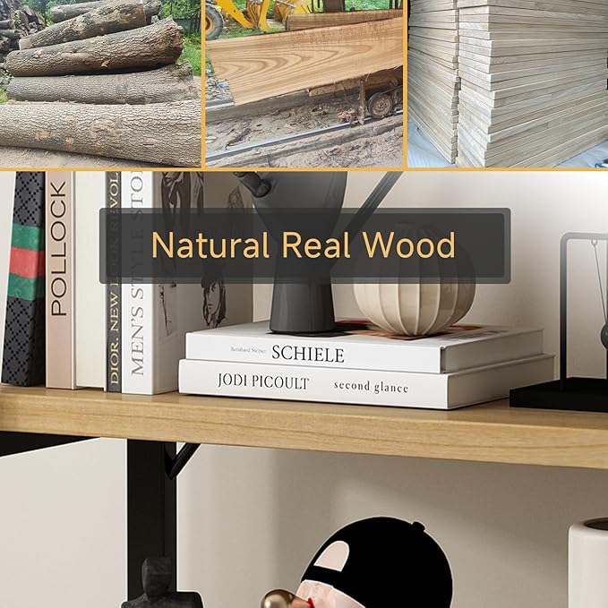 Real Solid Wood Bookshelf Shelves Rustic Vintage Industrial Etagere Bookshelf, Metal & Timber Free Vintage Bookcase, (Genuine Timber) (5-Tiers-Natural Finish)