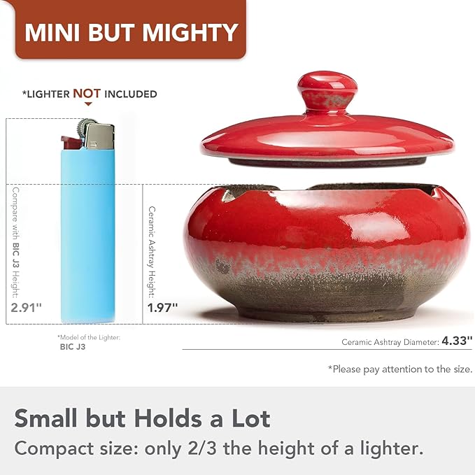 Ashtray with Lid for Outside Patio, Windproof Ash tray, Ceramic Smokeless Ashtray for Outdoor Home Office Tabletop Patio Outdoor Balcony, Red