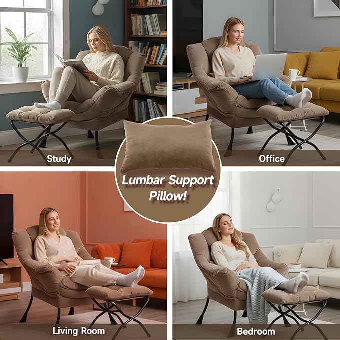 Lazy Chair with Ottoman, Modern Accent Chair with Lumbar Pillow, Velvet Khaki Sofa, Lounge Chairs with Folding Footrest, Oversized Supportive Chairs for Bedroom, Reading