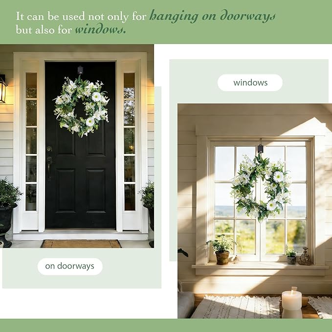 Solar Spring Wreath for Front Door 18inch 30LED Pre-lit Wreath Spring Summer Decor White Daisy Artificial Wreaths for Outside Home Decor for All Season Festival Farmhouse Decor