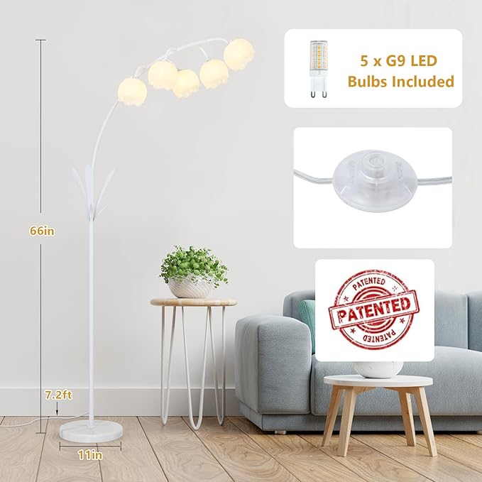 HMVPL White Floral Floor Lamp, Cute Flower Standing Lamp for Bedroom, Modern Tall Lamp with 5 G9 LED Bulbs, Foot Switch, Acrylic Shade, Curved Floor Lamp for Living Room Corner Bedside Kids Home Decor
