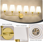 Kvhilw Bathroom Vanity Light, Brushed Gold Bathroom Light Fixtures, 6-Light Lighting Fixtures Over Miror, Modern Wall Sconce with Flared White Fabric Shade, E26 Socket(ETL Listed)