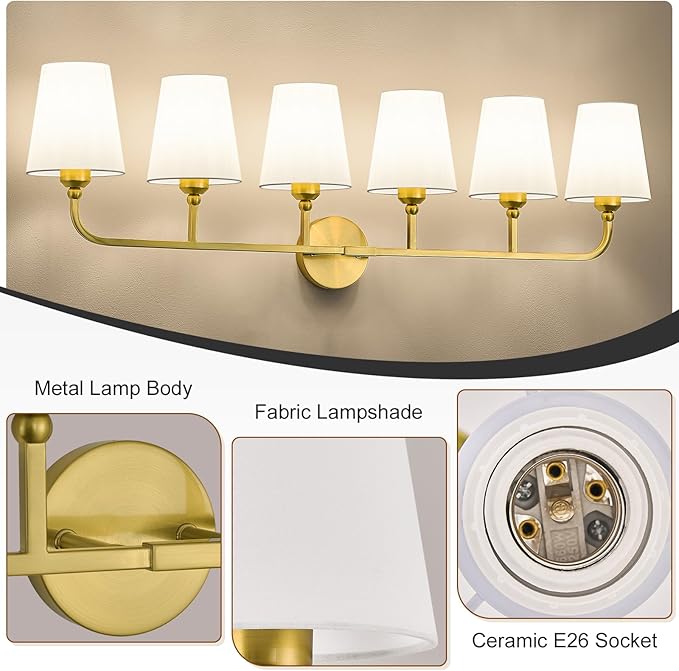 Kvhilw Bathroom Vanity Light, Brushed Gold Bathroom Light Fixtures, 6-Light Lighting Fixtures Over Miror, Modern Wall Sconce with Flared White Fabric Shade, E26 Socket(ETL Listed)