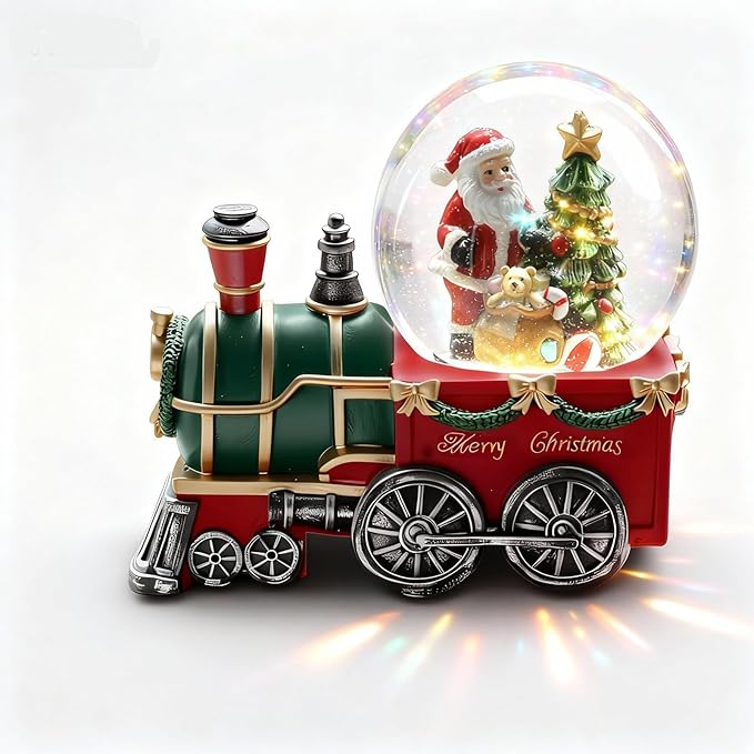Christmas Snow Globe with Light up and Musical Snowflakes Holiday Decoration, 5.9 Inch Height Santa Claus Train Resin Snowglobe, Christmas Holiday Indoor Decor.