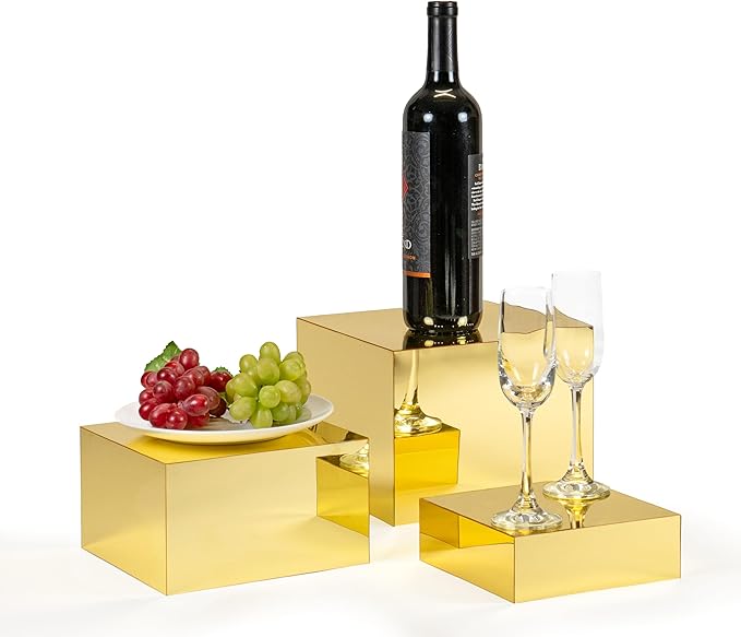 Red Co. Set of 3 Glossy Gold Acrylic Cube Display Nesting Risers with Hollow Bottoms - 2 Pack