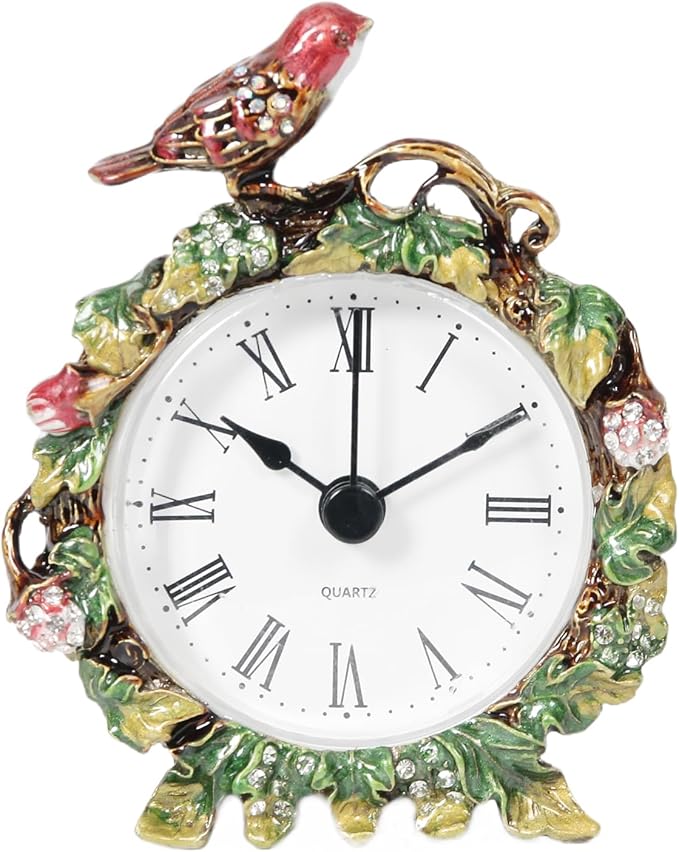 Mini Tabletop Clock, Decorative Vintage Floral Metal Table Clock with Battery Operated for Bedside, Table, Living Room, Home and Office