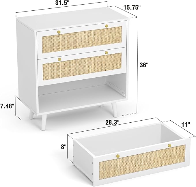 Anmytek White Dresser for Bedroom with 3 Drawers, Modern Wood 3 Drawer Dresser, White Chest of Drawer with Spacious Storage Rattan Dresser for Bedroom H0072
