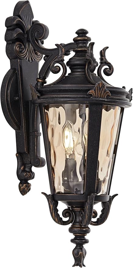 John Timberland Casa Marseille European Outdoor Wall Light Fixture Bronze Scroll 21 3/4" Champagne Hammered Glass for Exterior House Porch Patio Outside Deck Garage Front Door Garden Home