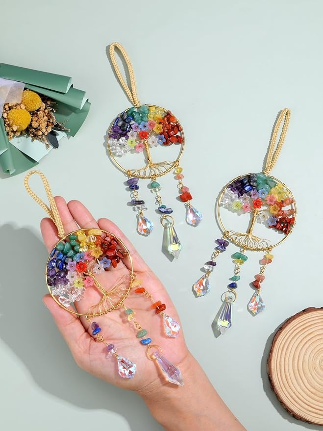 CrystalTears Chakra Crystal Tree Life Hanging Ornament for Wall Window Home Room Decor, Handmade Feng Shui Healing Crystals Gemstone Glass Suncatcher Car Ornament, Crystal Gifts for Women Christmas
