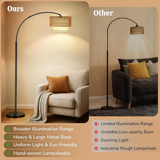 Arc Floor Lamp for Living Room, Rattan Boho Floor Lamp with Remote Control, Black Standing Lamp with 3 Color Temperatures & Dimmable LED Bulb, Tall Lamp for Bedroom, Over Couch Arched Reading Light