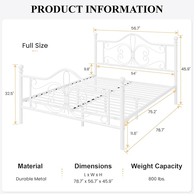 SHA CERLIN Full Size Bed Frame with Headboard,Metal Bed Frame with Butterfly Pattern Design Headboard & Footboard,No Box Spring Needed,Easy Assembly,White