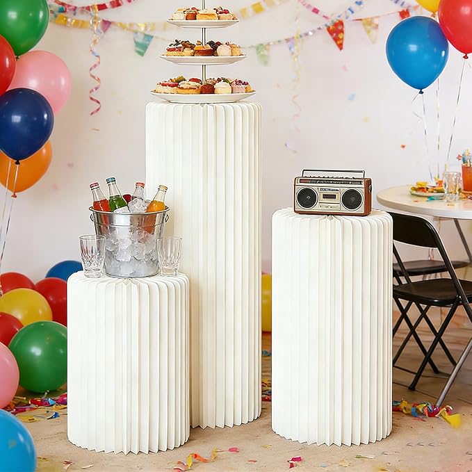 3Pcs Cylinder Display Stand - Foldable Paper Pedestal with Square Acrylic Plate for Shoes & Handbags, Retail Store, Boutique, Home & Wedding Decor, Party Events