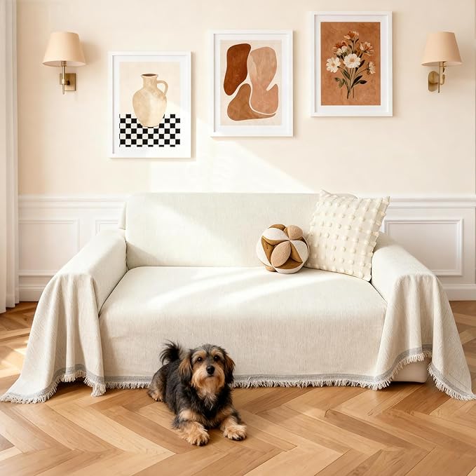 Couch Cover for Dogs, Non Slip Sofa Cover, Washable Couch Covers, 2 Cushion Sofa for Dogs Furniture Protector with Tassels Chenille Sofa Covers for Pets (Vertical Grain Beige)