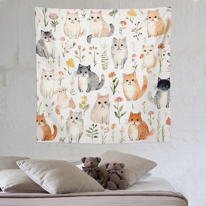 VUMIVI Cute Cat Tapestry Cartoon Pets Flowers Mushrooms Butterflies Watercolor Illustrations Tapestry Wall Hanging for Living Room Bedroom Dorm Classroom Aesthetic Decor W60xL60in