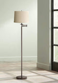 360 Lighting Modern Swing Arm Floor Lamp Standing 60 1/2" Tall Bronze Brown Adjustable Natural Linen Fabric Drum Shade with Self Trim for Living Room Reading House Bedroom Office