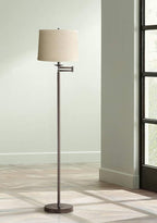 360 Lighting Modern Swing Arm Floor Lamp Standing 60 1/2" Tall Bronze Brown Adjustable Natural Linen Fabric Drum Shade with Self Trim for Living Room Reading House Bedroom Office