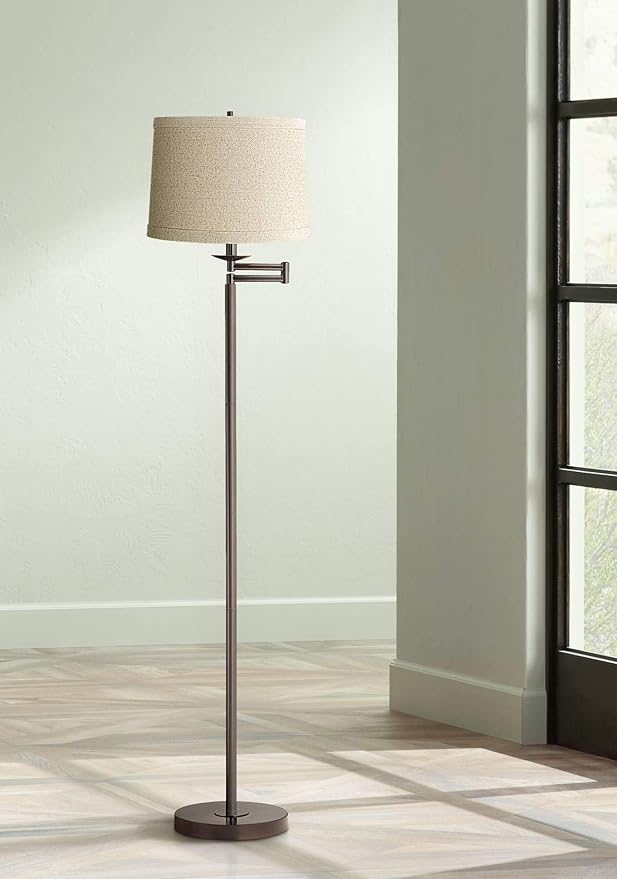 360 Lighting Modern Swing Arm Floor Lamp Standing 60 1/2" Tall Bronze Brown Adjustable Natural Linen Fabric Drum Shade with Self Trim for Living Room Reading House Bedroom Office