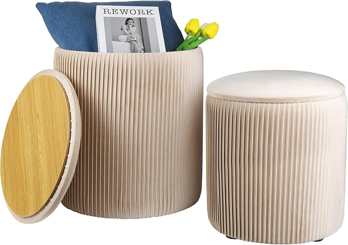 Round Ottoman with Storage Set of 2, Multi-Functional Velvet Vanity Stool for Bedroom, Ottomans Coffee Table Padded Seat Foot Rest for Living Room (Beige)