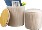Round Ottoman with Storage Set of 2, Multi-Functional Velvet Vanity Stool for Bedroom, Ottomans Coffee Table Padded Seat Foot Rest for Living Room (Beige)