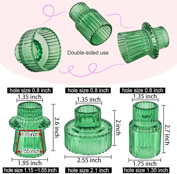 Double Sided Vintage Ribbed Taper Glass Candle Holders,Tea Candle Holder for Table Centerpieces, Wedding Decorations and Dinner Parties (Green, 6 PCS)
